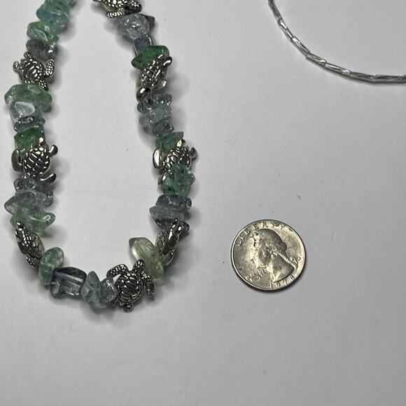 Necklace green teal seaglass look beads beading with silver tone TURTLE jewelry - Picture 6 of 14